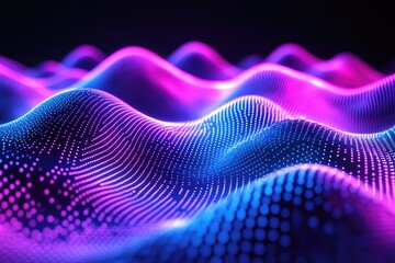 Abstract wavy, glowing digital landscape of vibrant pink and blue dots