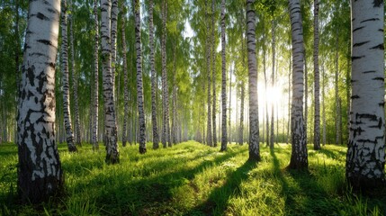 Fototapeta premium Scenic view of a beautiful birch grove with bright green grass and sun rays streaming through the trees. Natural forest landscape.