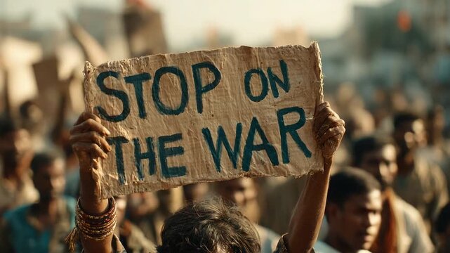 A person holds a hand-painted sign reading "Stop the War" during a protest