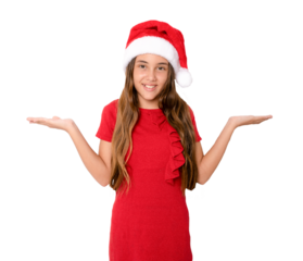 Cute little girl in santa Claus hat standing isolated over transparent background. Christmas time.