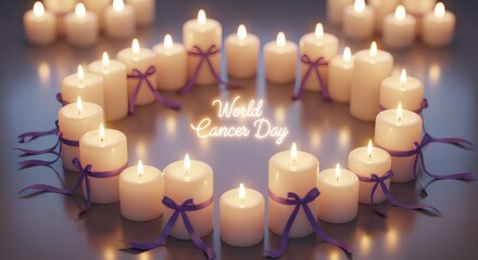 Photorealistic candles forming a circle with lavender ribbons, “World Cancer Day” glowing in the center. Warm supportive visual