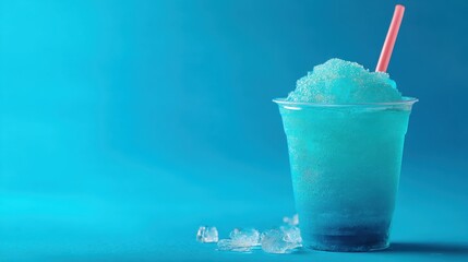 Blue slushie in a plastic cup with a pink straw and ice cubes on a vibrant blue background. Refreshing cold drink for summer.