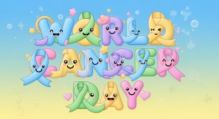 Cartoon playful poster with “World Cancer Day” letters decorated as smiling ribbons. Pastel vector bright 2D style