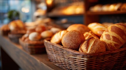 Freshly baked bread and rolls in wicker baskets displayed on a wooden counter in a bakery. Assortment of artisanal bakery products for sale.