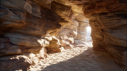 Sunlit cave opening onto a bright desert landscape. Entrance to a hidden rock formation. Nature background for adventure tour concept.