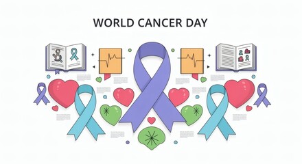 Clean 2D infographic with “World Cancer Day” headline framed by ribbons, hearts, and book icons. Informative awareness tone