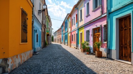 Fototapeta premium Colorful street with cobblestone, long exposure abstract light trail. Vibrant european city scene ready for travel and tourism content.