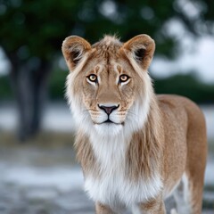 Obraz premium Majestic Lion Face Close Up with Golden Mane and Intense Gaze Against Soft Green Bokeh Background in Natural Lighting