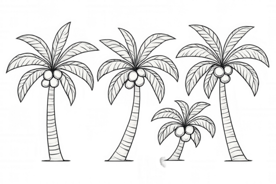 Hand-drawn palm trees with coconuts illustration, tropical nature sketch, summer island vacation concept art
