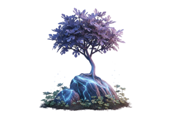 A stylized, purple-hued bonsai tree, perched atop a rocky islet, bathed in ethereal, glowing light, creates a magical, otherworldly scene.