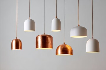 Seven pendant lamps, varying shades of copper and white, hang from a light gray wall
