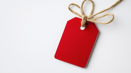 Red tag with rustic rope bow. Gift label template for promotion, sale, price or special discount. Flat lay with copy space.