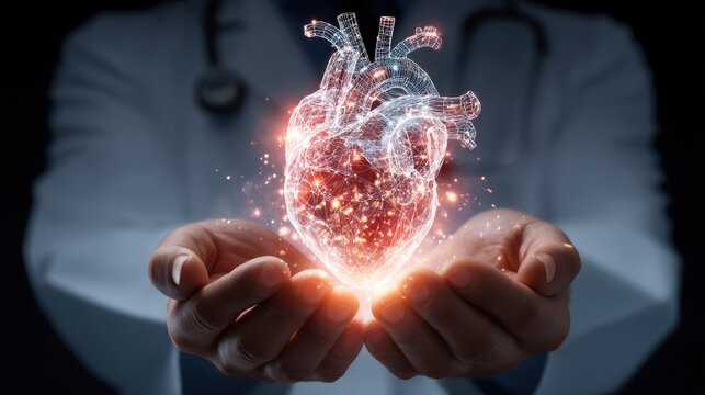 A male doctor holds a glowing digital heart in his hands. Concept of future medicine, health care, and technology in cardiology.