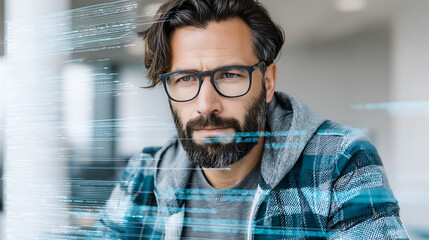 Man with glasses and beard wearing a plaid shirt, overlaid with digital data streams in a modern indoor setting