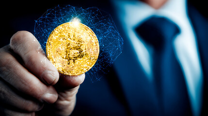 A person in a suit holds a glowing golden cryptocurrency coin with digital network effects surrounding it.