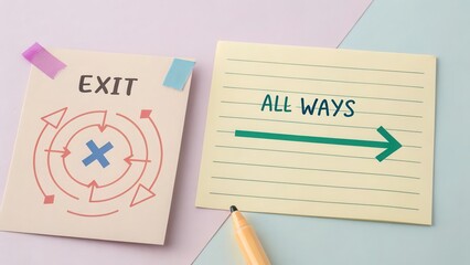 Directional Exit Sign with Arrows on Colorful Paper Background