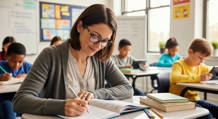 Teacher Writing in Notebook with Students in Classroom.
