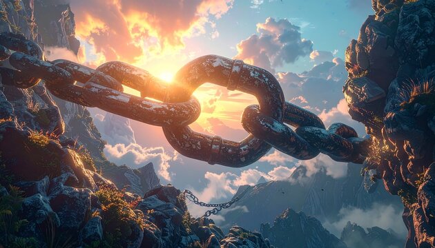 A colossal, ancient chain spans a majestic mountain pass, bathed in the golden hues of a setting sun, symbolizing strength and connection across vast divides