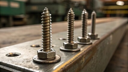 Detailed view of various metal screw heads installed on a steel surface in an industrial setting