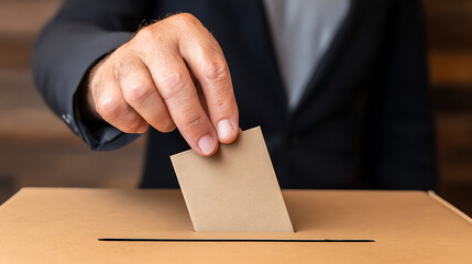 A person casting a vote by placing a ballot into a voting box