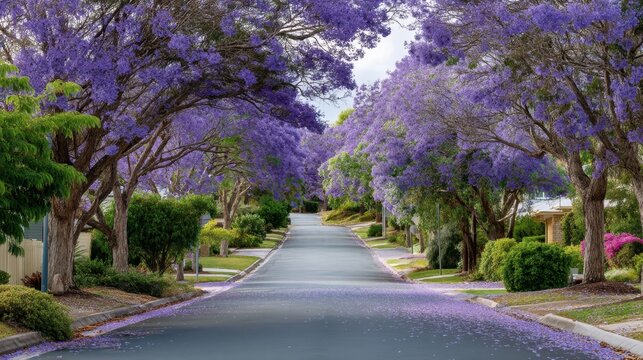 Residential street lined with jacaranda trees in full bloom. Colorful purple flowers on pavement. Beautiful natural landscape. - Powered by Adobe