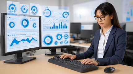 Professional woman analyzing data on dual monitors in a modern office setting