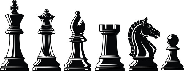 Chess piece illustration set, black vector icons, king, queen, rook, bishop, knight, pawn design, strategy game art, isolated © Fahim Creative