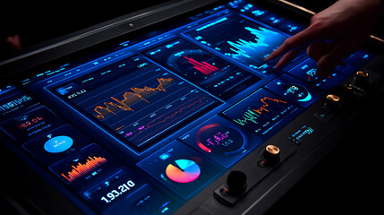 Hand interacting with a futuristic touchscreen dashboard displaying data visualizations and analytics in a dark environment