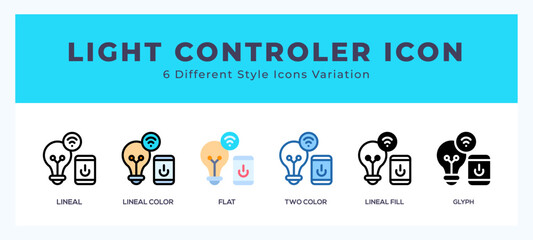 Light controler icon symbol set. outline. glyph black. flat color and filled line color.