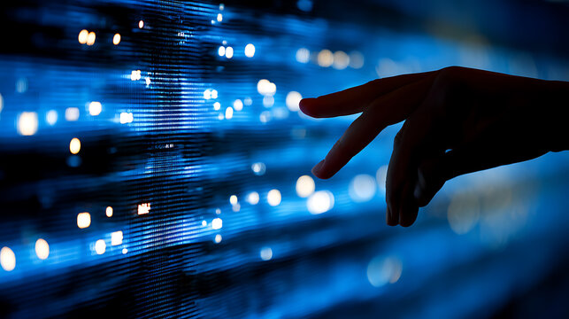 A hand reaching toward a glowing digital data stream with blue light effects - Powered by Adobe