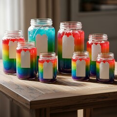 Colorful Layered Jars with Blank Tags on Wooden Table, Rainbow Gradient