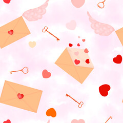 Love letter. Seamless pattern of hearts, envelopes, keys and wings on a background of pink clouds.