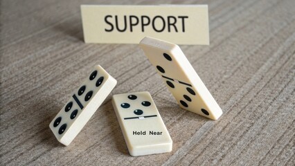 Dominoes with Support Concept on Wooden Table in Soft Lighting