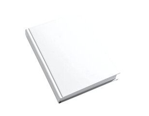 A blank, white hardcover book, slightly angled, isolated on a black background; clean, simple design