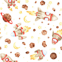 Seamless watercolor pattern with rockets, stars, and planets. Light background with flying spaceships and space debris. Whimsical and playful. Great for children’s products.