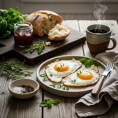 Hearty Rustic Breakfast with Fried Eggs, Fresh Bread, Coffee, and Jam