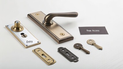 Door Handle Set with Key Lock Components and Access Labels for Entry