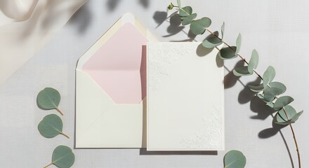 Blank White Invitation Card with Pink Lined Envelope and Eucalyptus Decor