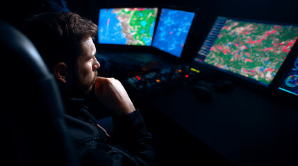Man analyzing data on multiple computer monitors displaying geographic and satellite imagery in a dimly lit control room