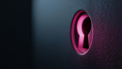 Close up of a glowing pink keyhole on a dark textured surface with dramatic lighting