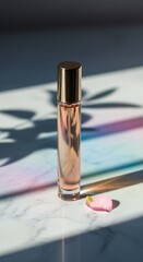 Elegant Perfume Bottle on Marble Surface with Colorful Light and Rose Petal