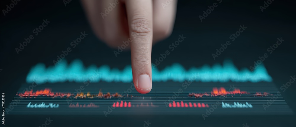 Aufkleber human finger touching digital screen with colorful graphs and data visualizations in a modern presen