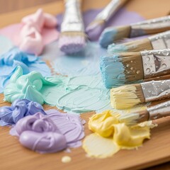 Artist's Palette with Pastel Paints and Wet Brushes, Creative Art Supplies