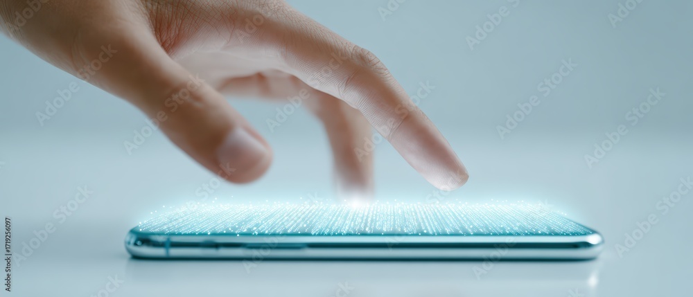 Aufkleber futuristic close-up of a hand interacting with a glowing touchscreen smartphone in a modern setting