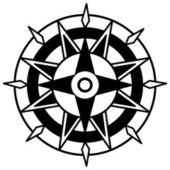 Heraldic Compass Rose Navigation Shield Vector Illustration With Black Outline And White Fill On Transparent Background, Geometric Emblem Symbol In Minimal Classic Style For Decoration And Design