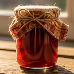 Homemade Jar of Jam with Rustic Fabric and Twine in Warm Sunlight