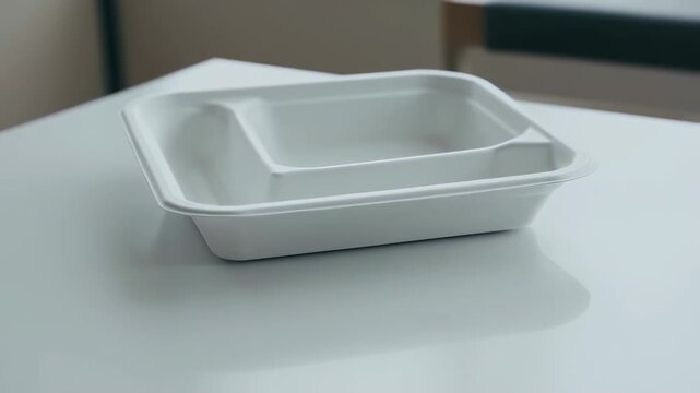 Empty white divided food container on a light surface