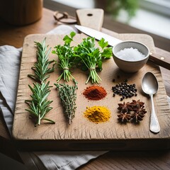 Overhead of Fresh Herbs and Colorful Spices on Rustic Wooden Cutting Board