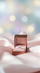 Sparkling Diamond Engagement Ring in Rose Gold Box on Pink Satin with Bokeh