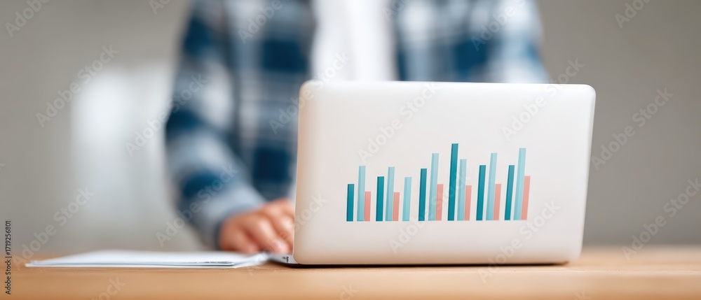 Poster person analyzing data on laptop with colorful bar graphs in bright office space